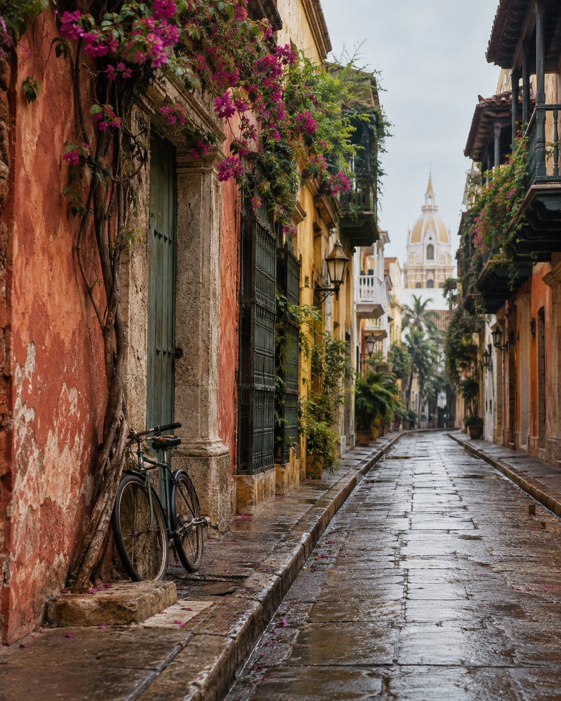Calle histórica de Cartagena tras la lluvia
