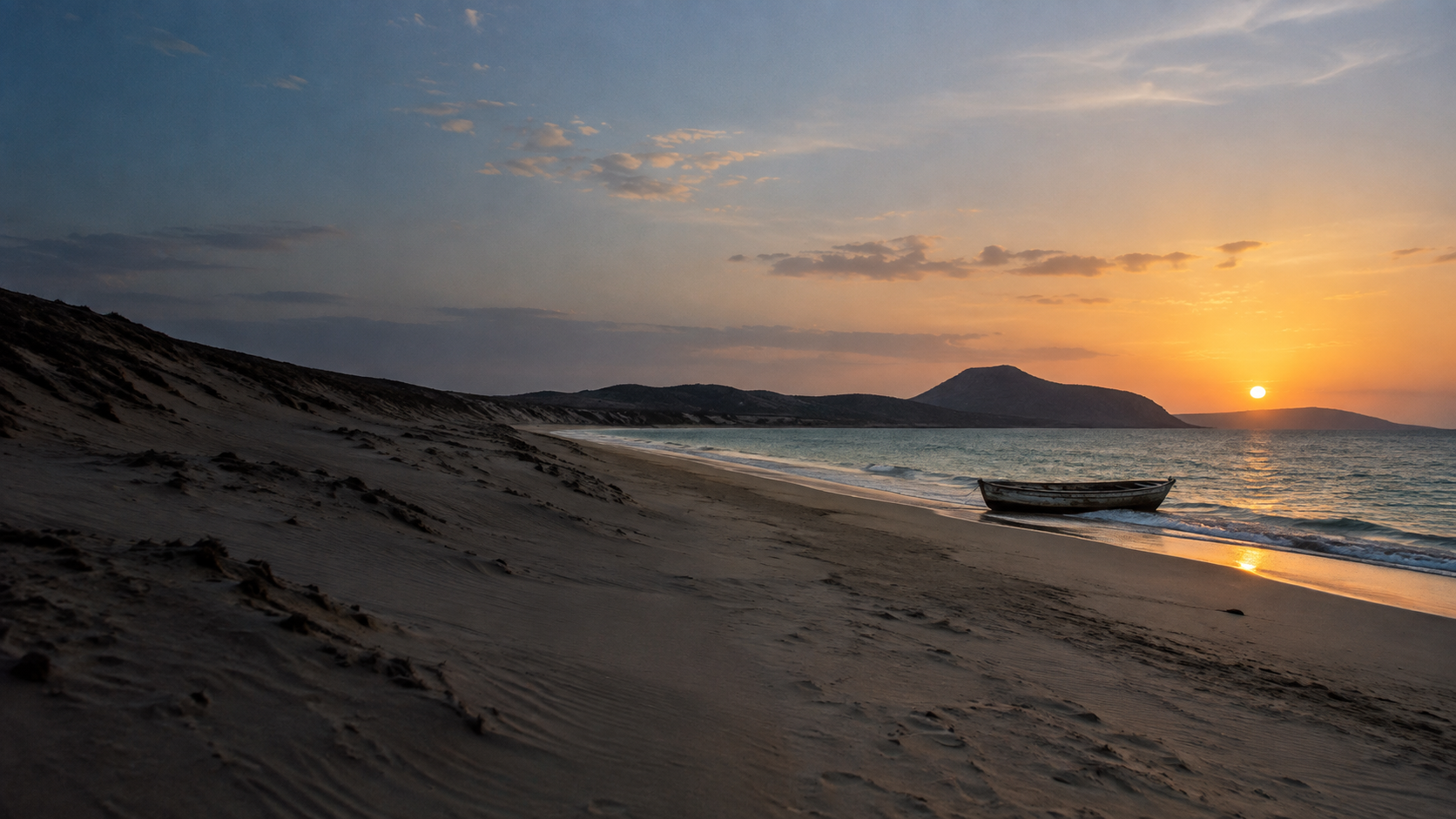 Costa al amanecer en La Guajira con una pequeña barca sobre la orilla